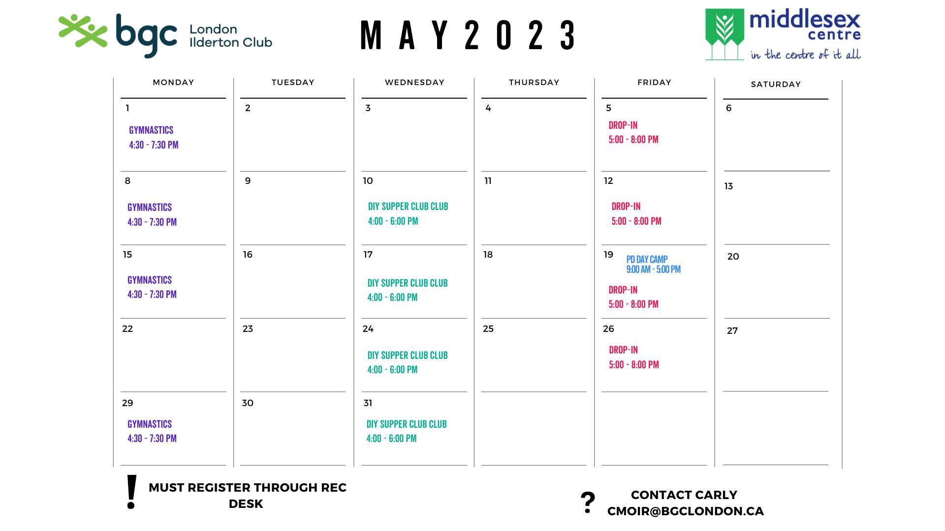Ilderton Youth Centre May 2023 Calendar